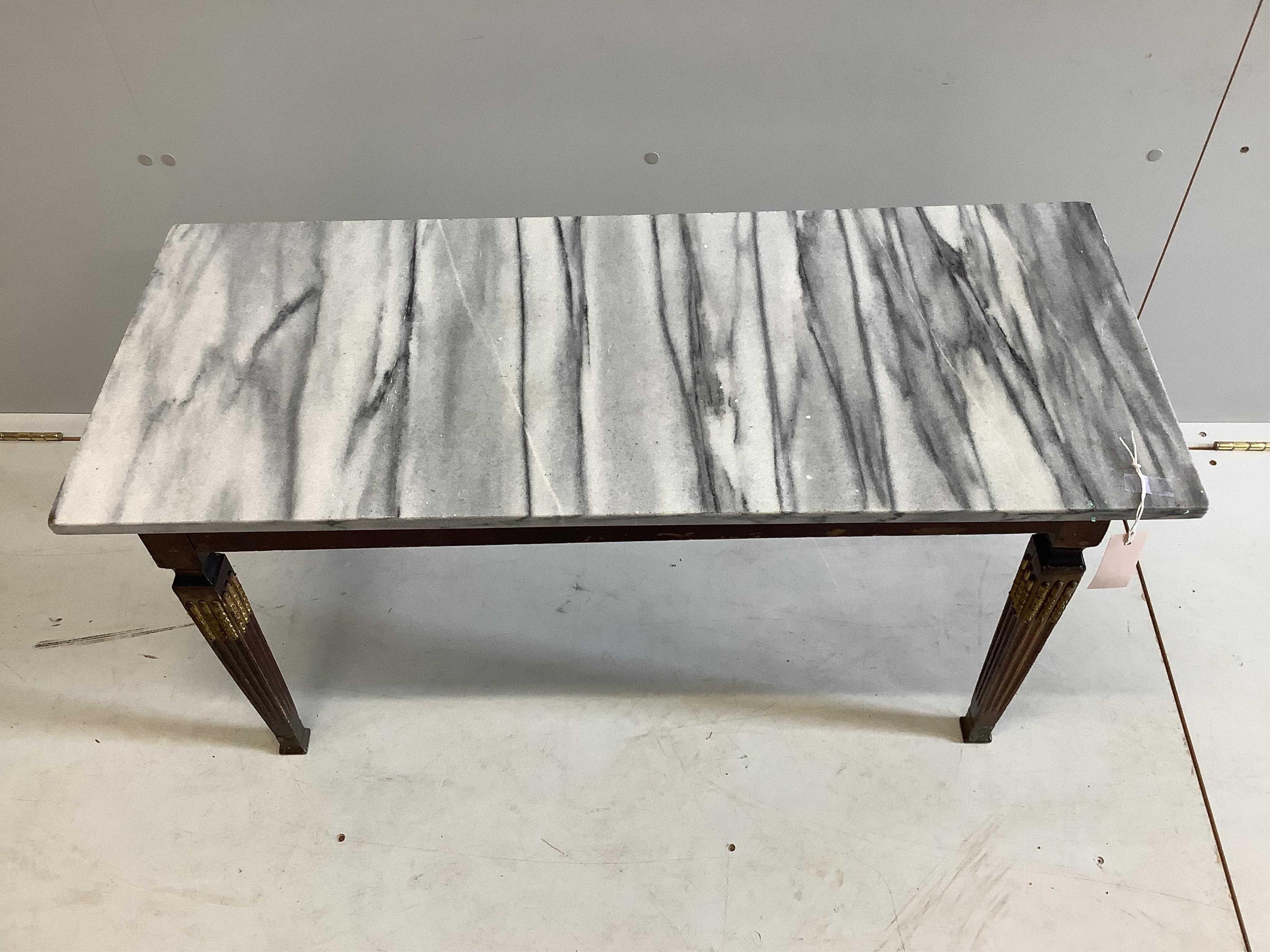 A rectangular gilt metal mounted beech marble top coffee table, width 96cm, depth 40cm, height 49cm. Condition - fair